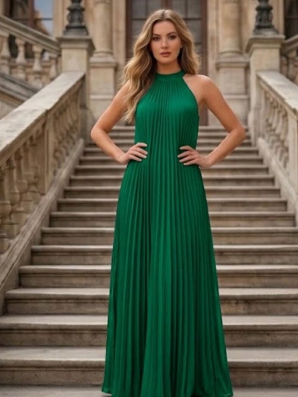 Green Accordion Pleated Halter Maxi Dress